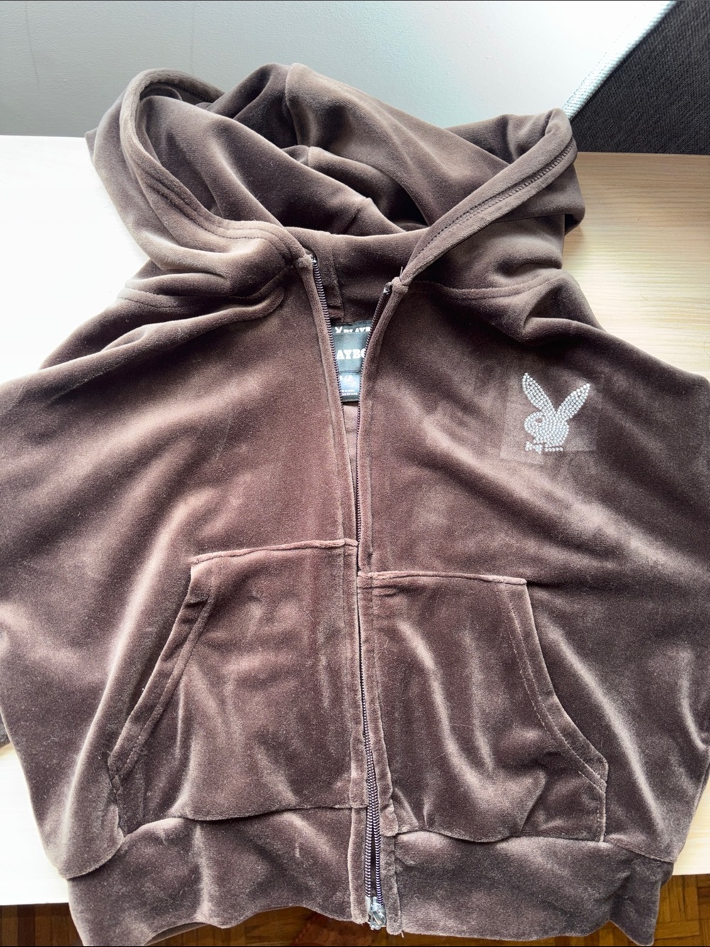PLAYBOY Brown Velour Top with Rhinestone Script Logo - Picture 3 of 13